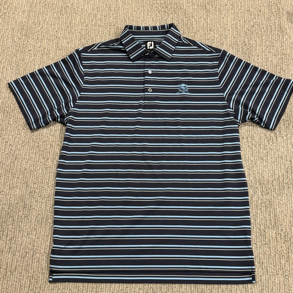 Footjoy Men's Size Large Navy Trio Stripe Lisle Golf Polo Shirt  “PHCC” W/ Crest